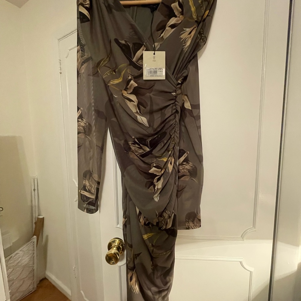 All Saints Taupe Floral Ruched Asymmetric Long Sleeve Dress